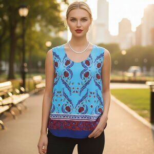 ESCADA Majorca Fantasy Sleeveless Blouse L Shell Under Suit Top Floral Shirt